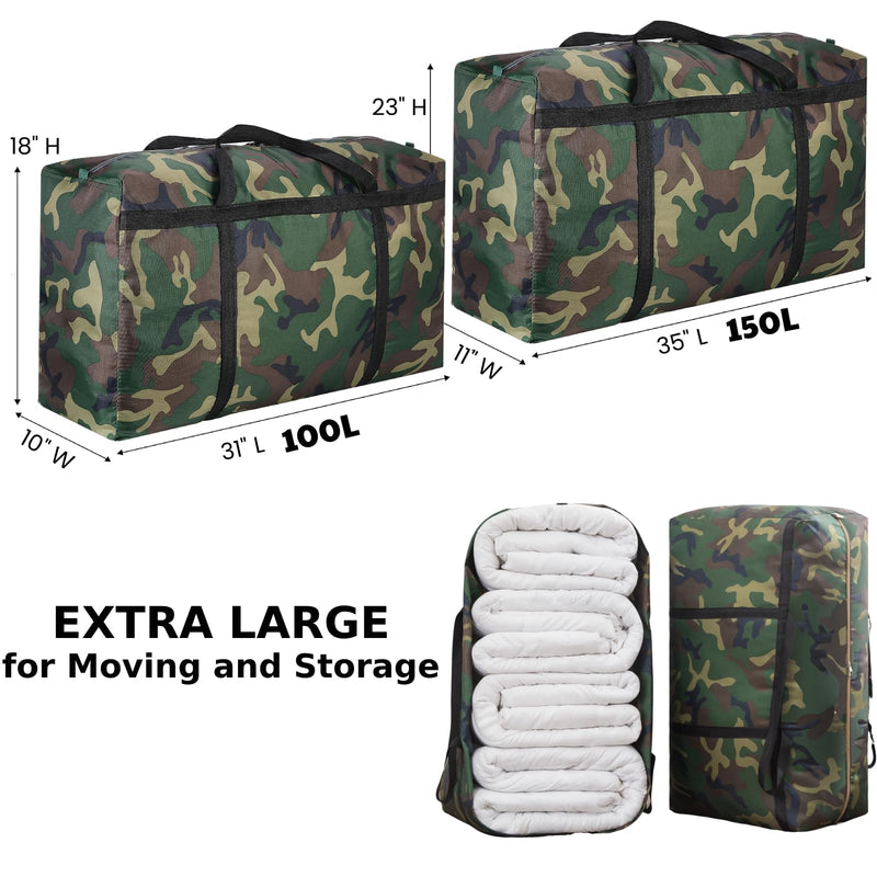 2-Pack Camo 26 Gal Extra Large Foldable Duffle Bags | Camouflage, heavy-duty, reinforced handles, metal zippers & water-resistant Oxford, ideal for travel, storage & moving