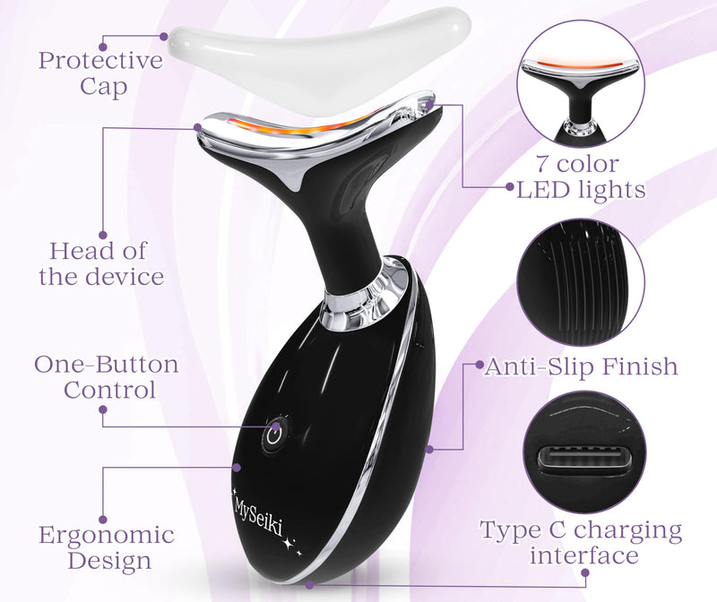 7 LED Light Beauty Tool – Face and Neck Massager with Jade Roller, Case, Black