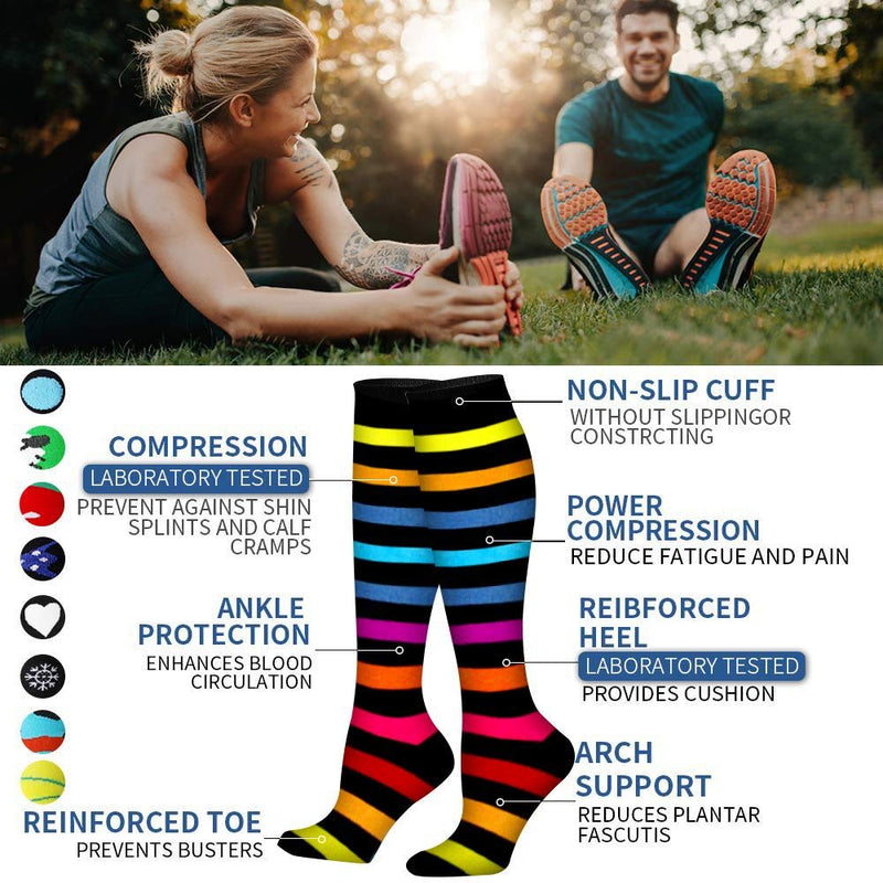 Compression Socks for Women and Men Circulation-Best Support for Running, Athletic, Nursing, Travel Large/X-Large (Pack of 7) 01 Black/Black/Rainbow/Navy/Black