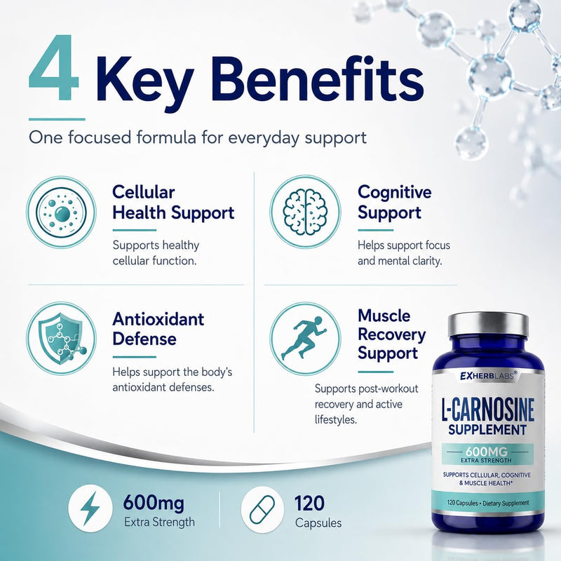 L-Carnosine Supplement 600mg, for Cellular Health & Cognitive | Antioxidant Defense & Muscle Recovery, Support Healthy Aging & Vitality, Gluten Free & Non-GMO, 120 Capsules, 60 Day Supply 120 Count (Pack of 1)
