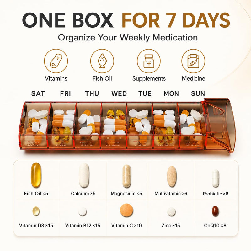 Silicone Pill Organizer 7 Compartments Shockproof Pill Case for Purse, Portable Travel Pill Box for Vitamin & Medication, Soft Supplement Organizer, Small Pill Container for Pocket (Yellow) Yellow