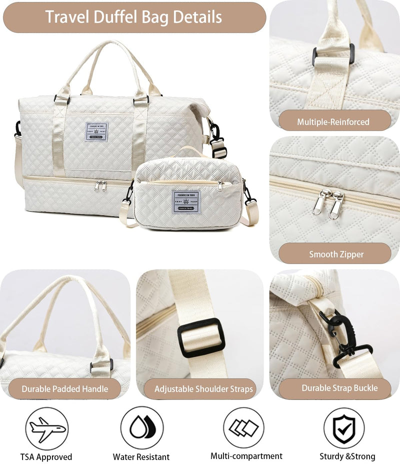 WFLB Travel Duffle Bag,Weekender Bags for Women with Shoe Compartment & Wet Pocket, Carry on Overnight Bag with Toiletry Bag, Gym Duffel Bag Hospital Bags for Labor and Delivery (Beige) Beige