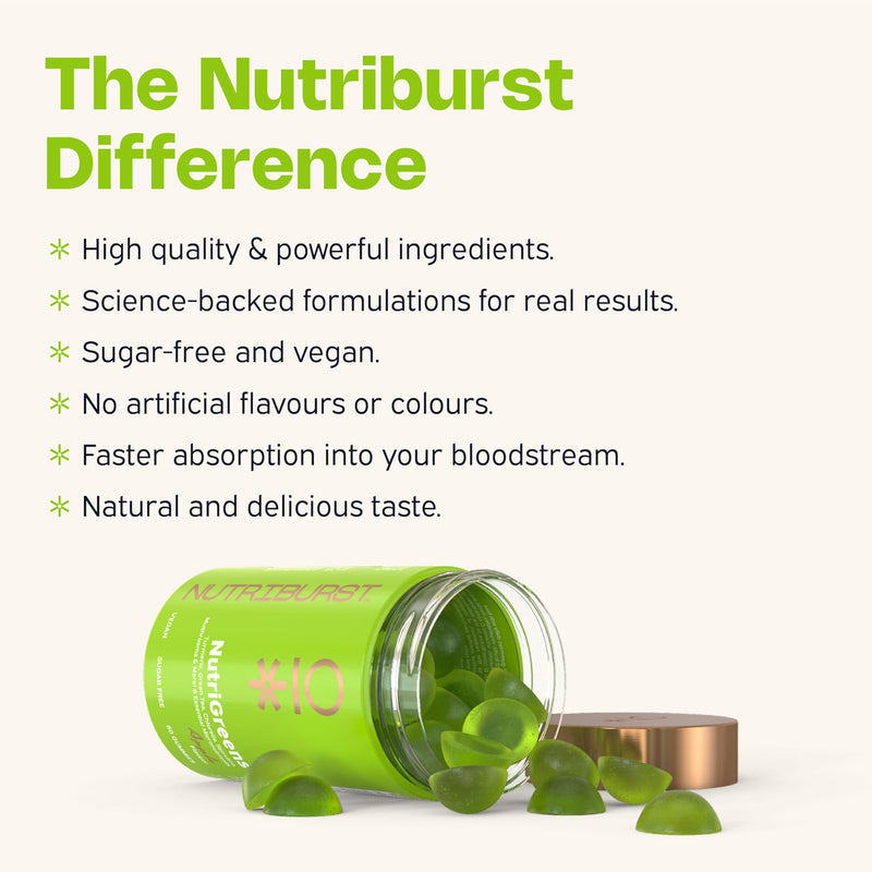 Nutriburst - NutriGreens - 22 Fruits + Vegetables + Herbs + Mushrooms + Live Bacteria Cultures - Boosted with Vitamins: Zinc, VIT C, D3, B5, B6, B12-60 Gummies 1 Month Supply - Suitable for Vegans Greens + Probiotics 60 count (Pack of 1)