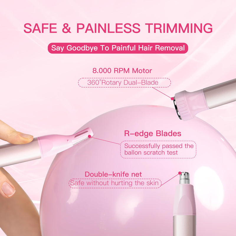 Nose Hair Trimmer for Women 3in1 Facial Hair Removal Trimmer - Metal Body, Rechargeable, Waterproof, Portable - Nose, Ear, Eyebrow, Peach-Fuzz, Lips, Chin (Pink) Pink