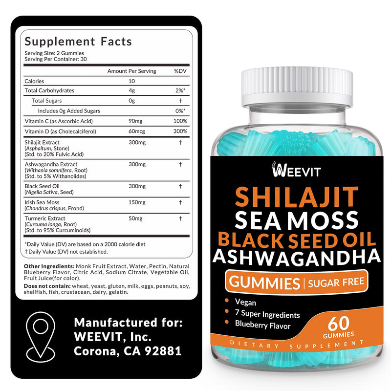 [Australia] - Shilajit Sea Moss Ashwagandha Gummies with Turmeric, Black Seed Oil, Vitamin C D for Men & Women, Shilajit and Ashwagandha Gummy, All in 1 Supplements for Immune, Absorption & Energy Support 60 Count (Pack of 2) 