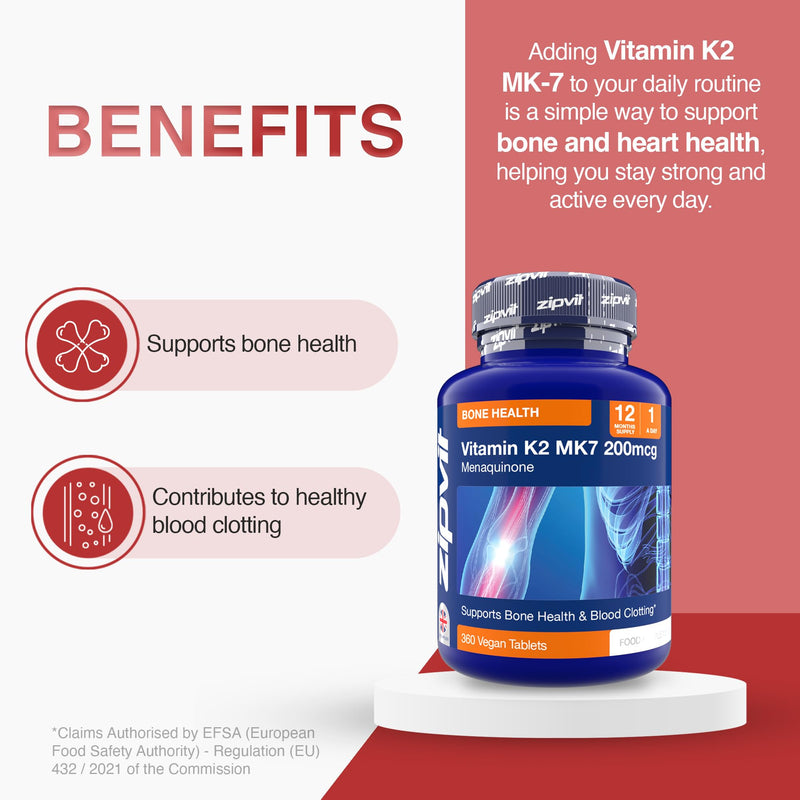 Zipvit Vitamin K2 MK7 200mcg, High Strength K2 Vitamin Supplement, Supports Heart & Bone Health, 360 Vegan Tablets, 12 Months Supply 360 Tablets