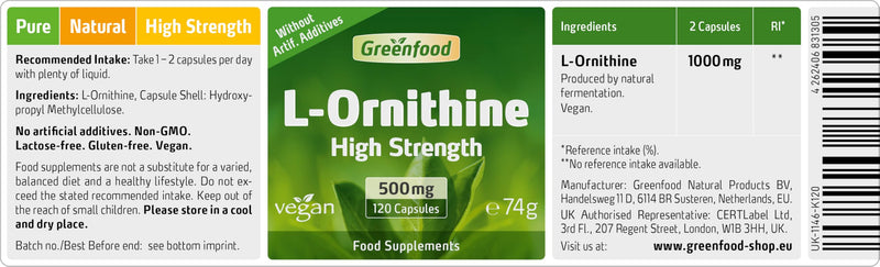 Greenfood L-ornithine, 500 mg, high dose, 120 Capsules - Important Amino Acid. Produced by Fermentation. Without Artificial additives, Without Genetic Manipulation. Vegan.