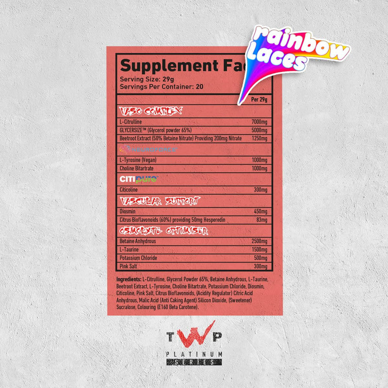 TWP Nutrition Platinum Series VARI V2, Non Stim Focus and Pump Pre Workout, 580g and 20 Servings, 5 Great Flavours (Rainbow Laces) Rainbow Laces
