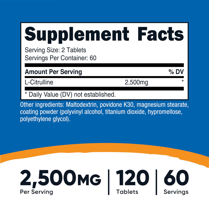 Nutricost L-Citrulline (2500mg) 60 Servings, 120 Tablets | 1250mg Per Tablet, GMO-Free and Gluten Free 120 Count (Pack of 1)