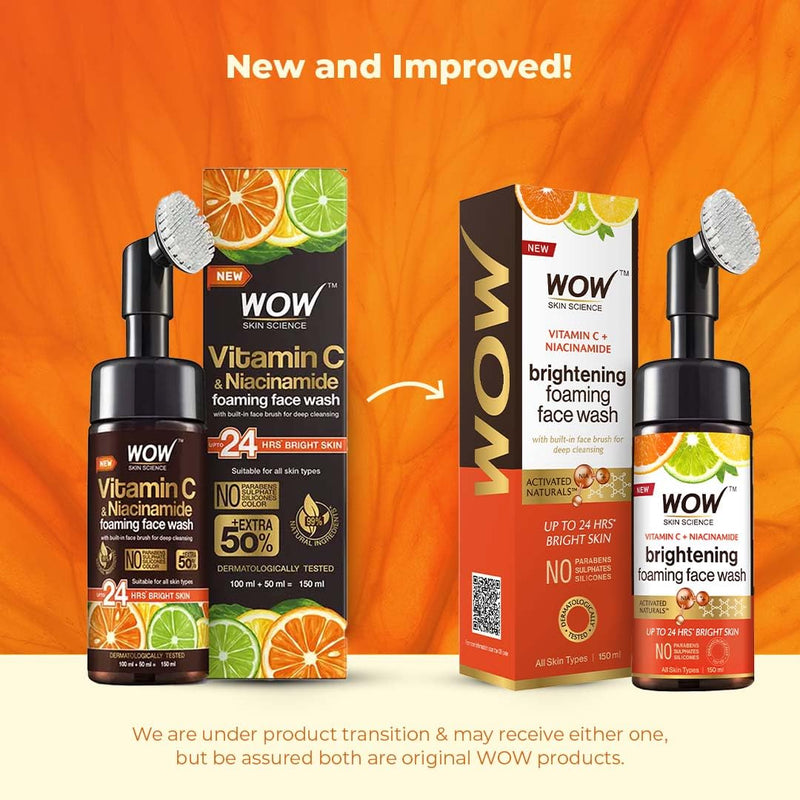 WOW Skin Science Vitamin C Exfoliating Face Wash With Brush, Soft, Silicones Bristles, Foaming Cleanser For All Skin Type, Hydrate For Smooth Skin, Helps Remove Blackheads, Reduce Acne Breakout, 100ml 3.4 Fl Oz (Pack of 1)