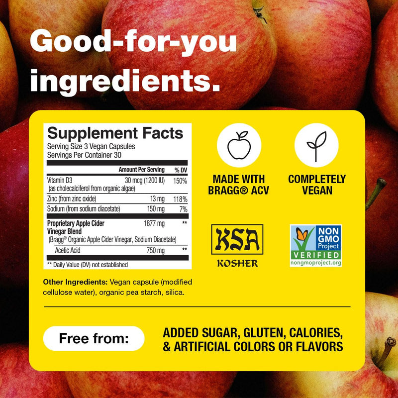 Bragg Apple Cider Vinegar Capsules - Daily Wellness Vitamin D & Zinc - 3pk | Organic, gluten-free, non-GMO formula, no artificial preservatives, easy-to-swallow, daily wellness support 90 Count (Pack of 3)