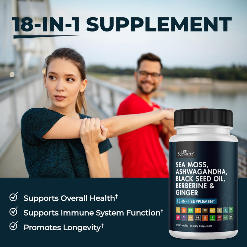 [Australia] - BioSchwartz Sea Moss Black Seed Oil Ashwagandha Ginger Supplement with Turmeric Berberine HCI Burdock Bladderwrack Resveratrol Elderberry Manuka Honey Apple Cider Vinegar ACV - 120 Sea Moss Capsules 120 Count (Pack of 1) 