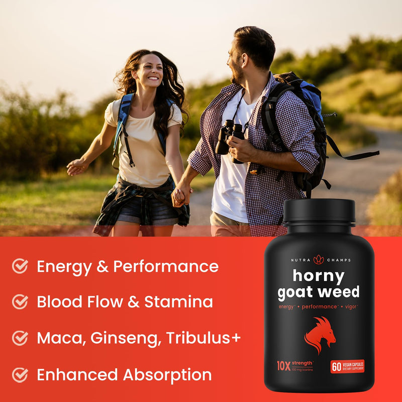 [Australia] - NutraChamps Horny Goat Weed, 1000mg Epimedium Energy Supplement, 10X Strength Icariin, Ginseng, Tribulus & Maca Pills for Women & Men, Enhanced Absorption with Black Pepper, 60 Vegan Capsules 