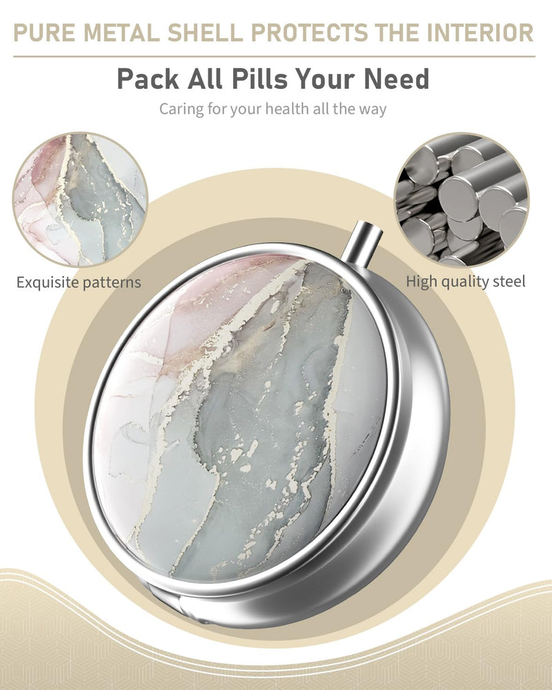 Pill Box, 3 Compartment Portable Travel Medicine Box with Mirror | Compact and Cute, Fits in Purse and Pocket, Medicine and Vitamin Organizer, Grey Pink Marble