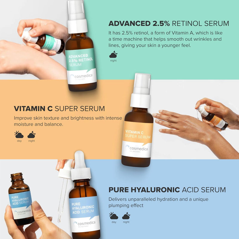 Cosmedica Skincare Facial Serum Trio Set – Vitamin C, Retinol & Hyaluronic Acid Serums for Face – Hydrating & Smoothing Skincare – Vegan, Cruelty Free (6 x 1.47 oz) 1.47 Fl Oz (Pack of 6)