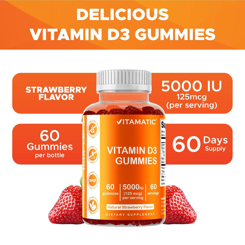 Vitamatic Vitamin D3 Gummies – 5000 IU Per Gummy | 60 Gummies | Vit D3 (Cholecalciferol), Natural Strawberry Flavor, Support Born, Teeth and Immune* Pectin Based, Non-GMO, Gluten Free 60 Count (Pack of 1)