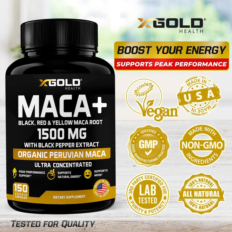 [Australia] - X Gold Health Organic Maca Root Powder Capsules 1500mg with Black | Red & Yellow Peruvian Maca Root Extract Gelatinized, Energy & Mood Supplement for Men & Women + Black Pepper for Best Benefits 