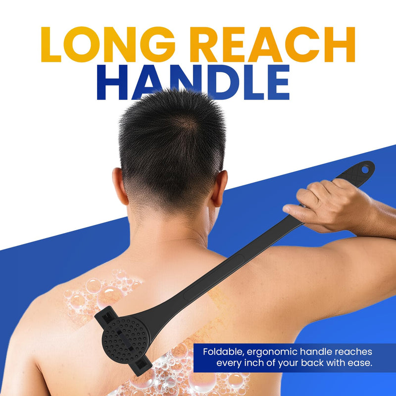[Australia] - 18" Back Shaver & Scrubber for Men – 2-in-1 Pain-Free Grooming Tool with Long Handle (46cm), Built-In Scrubber, Wet or Dry Use – Includes Compact Box (23x8x8cm) (BLACK) BLACK 