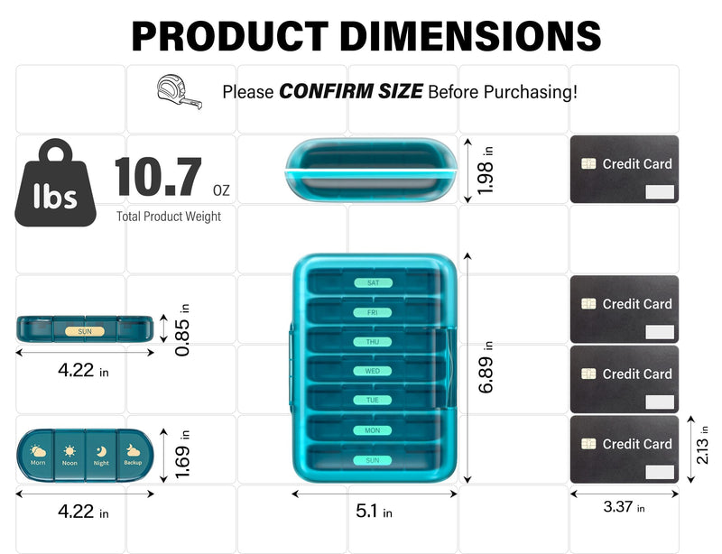 Weekly Pill Organizer 4 Times a Day, 7 Day Pill Box 4X, Portable for Travel Pill Case for Pills/Vitamin/Fish Oil/Medication/Supplements (4x7 Blue) 4 times x 7 days