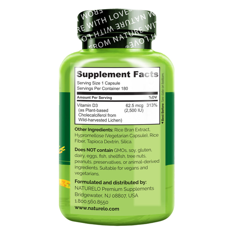 NATURELO Vitamin D3 2500 IU, Joint Support & Bone Health, 180 Count | Vegan D3 Supplement, Vitamin D Supplements for Immune System, Plant-Based Capsules, Non-GMO, Gluten Free Unflavored 180 Count (Pack of 1)