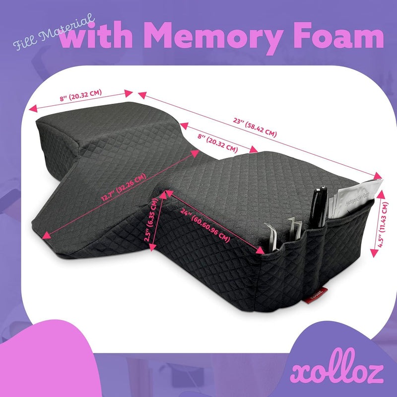 [Australia] - Lash Pillow for Eyelash Extensions - Curved Memory Foam Bed Pillow, Ergonomic Head Rest with Neck Support, Side Pockets for Tools, Fits Lash Beds for Tech – Black 