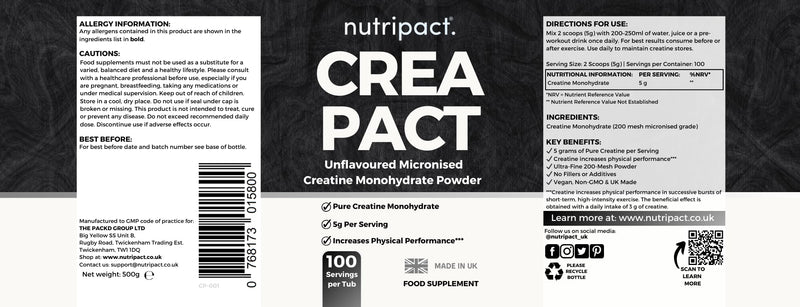 Premium Creatine Monohydrate Powder, Creapact® - 100% Ultra Pure, Unflavoured Micronised Creatine Powder | for Muscle Growth, Performance & Recovery - 100 Servings (500 Grams | 5g per Serving)