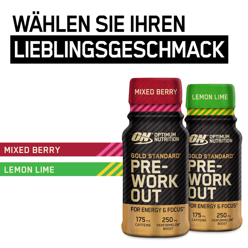 [Australia] - Optimum Nutrition Gold Standard Pre-Workout Energy Shot, Ready to Drink with Beta Alanine, Caffeine, PerforMelon Boost and Vitamins B6 and B12, Lemon Lime Flavor, Pack of 12, 12 x 60 ml 