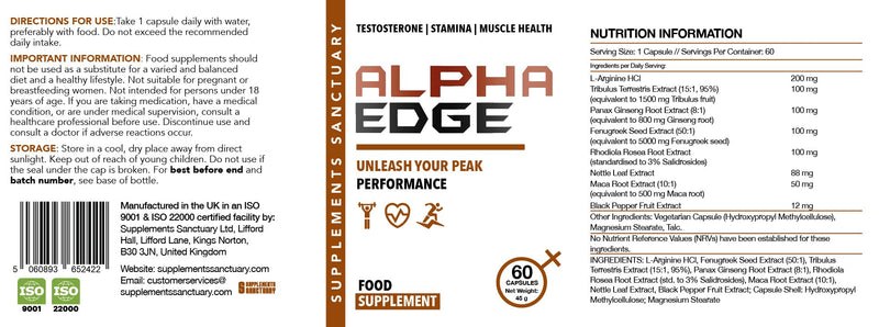 Alpha Edge Food Supplement with L-Arginine, Botanical Extracts Including Tribulus, Fenugreek, Maca & Ginseng – Vegetarian Capsules – 60 Capsules