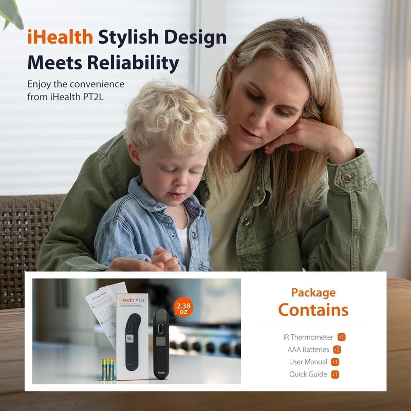 [Australia] - iHealth Touchless Thermometer for Adults and Kids, Color-Coded Alert & Silent Mode, 1-Second Accurate Fever Check, Portable for Home, Travel Use - PT2L Black 