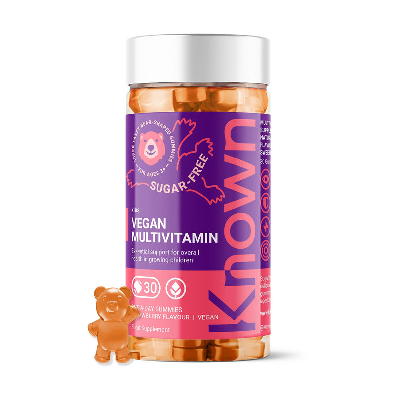 Known Kids Multivitamin Complex Gummies - Sugar-Free - Vitamin C, B6 - Immune Support - Natural Strawberry Flavour - 30 Vegan Gummies, 1 Month Supply