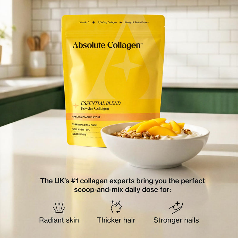 Absolute Collagen Essential Blend Halal Powder Collagen | Mango & Peach Flavour | 8000mg Collagen (5000mg Bovine & 3000mg Marine) | 60mg Vitamin C | Supports Hair, Nail & Skin Health | 28 Servings 4 Week Supply