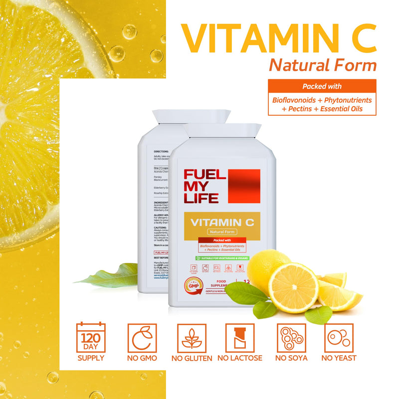 Natural Vitamin C 120 Capsules – Optimum Absorption All-Natural Food Form - Gentle & Non-Acidic - Packed with Bioflavonoids, Pectins, Essential Oils & phytonutrients - NO Synthetic ascorbic Acid