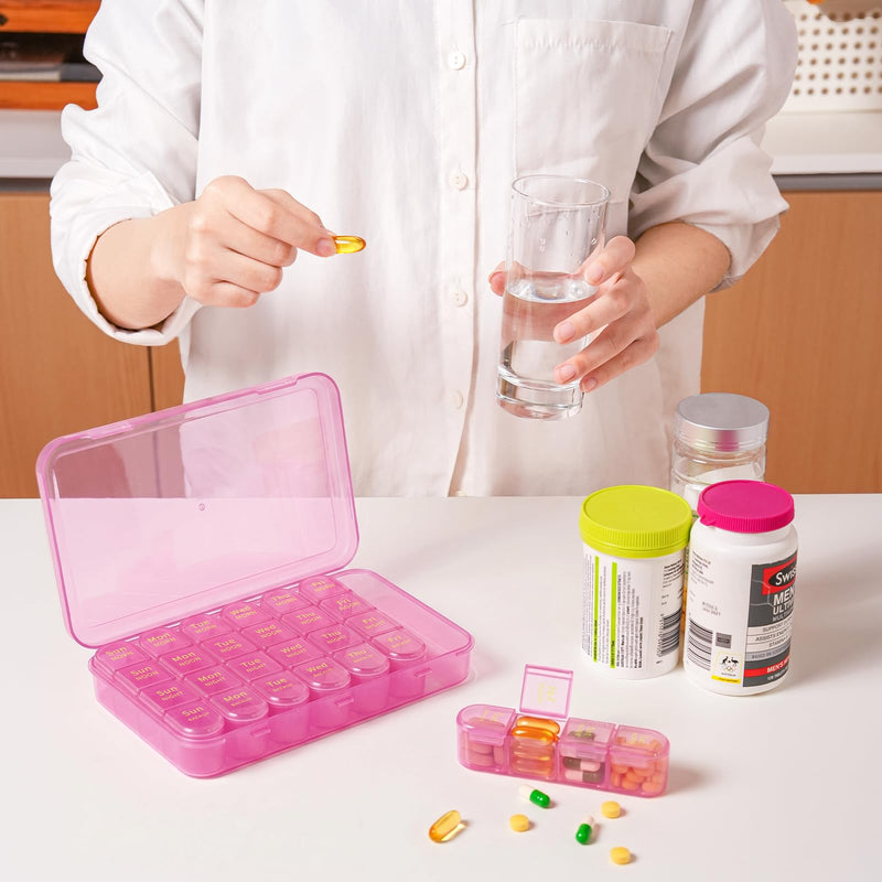 Zoksi Pill Organizer 4 Times a Day,7 Day Pill Box with Removable Daily Case | Large Medicine Organizer for Pills, Vitamins and Supplements, Easy Open 180 Degree Lids, Travel Pill Case Pink Purple