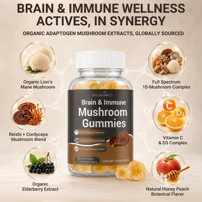 Brain & Immune Mushroom Gummies with Organic 10-Mushroom Blend, Elderberry, Vitamin C & D3 | for Focus, Memory, Immune Support & Balanced Energy, Honey Peach Flavor, 80 Gummies