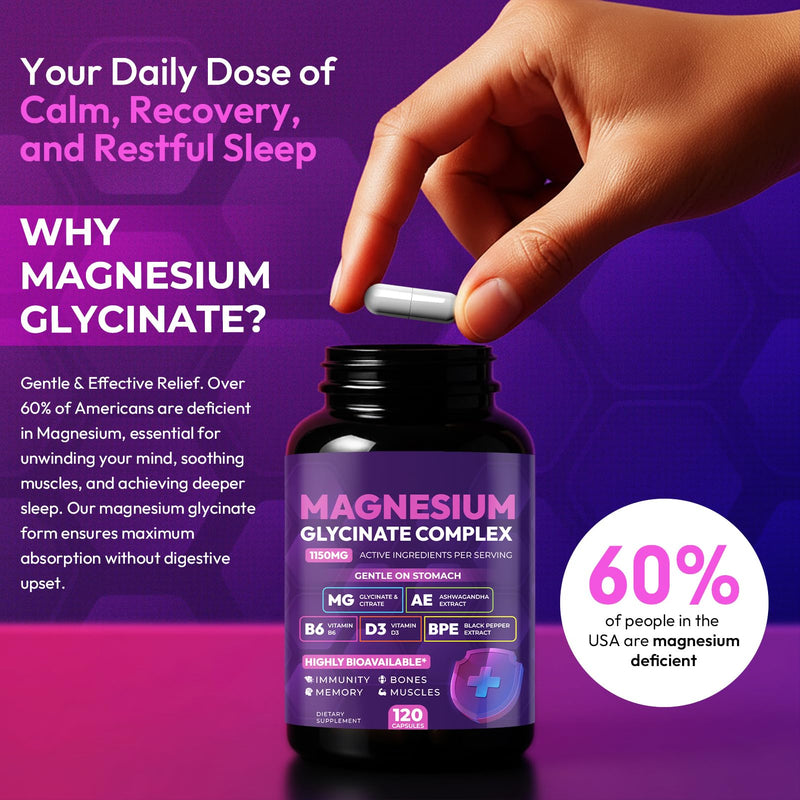 Magnesium Glycinate Complex 1150mg - Gentle on Stomach High Absorption Magnesium Capsules with Citrate, Silica, Ashwagandha & Vitamin B6 for Zzz, Stress Relief, Muscle Support for Adults, Women & Men