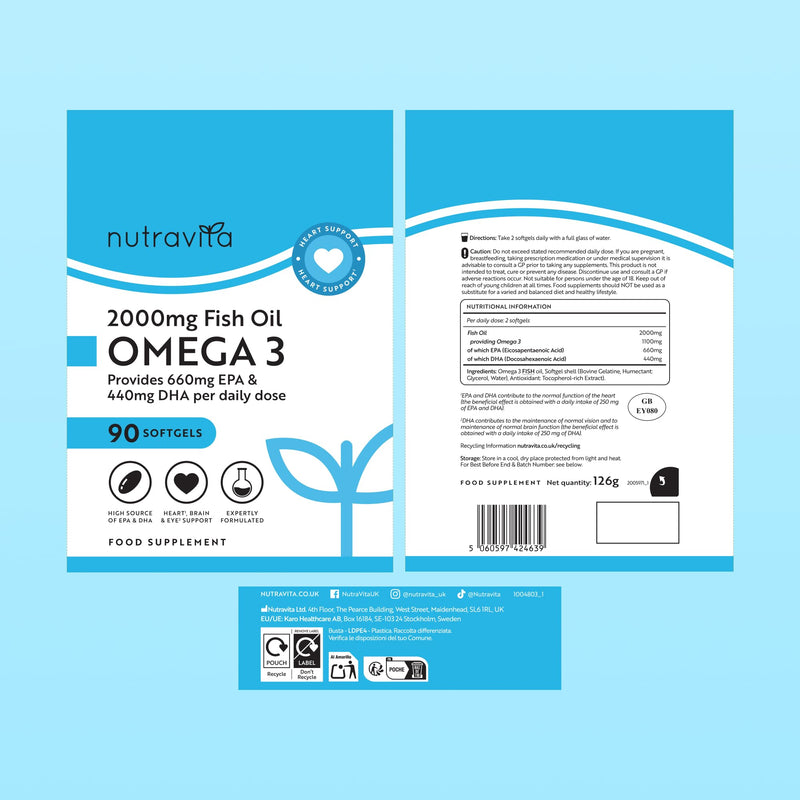 Nutravita Omega 3 Capsules High Strength 2000mg with 660mg EPA & 440mg DHA - 90 Softgel Omega 3 Fish Oil Capsules for 45 Days of Supply - Fish Oil Supplements