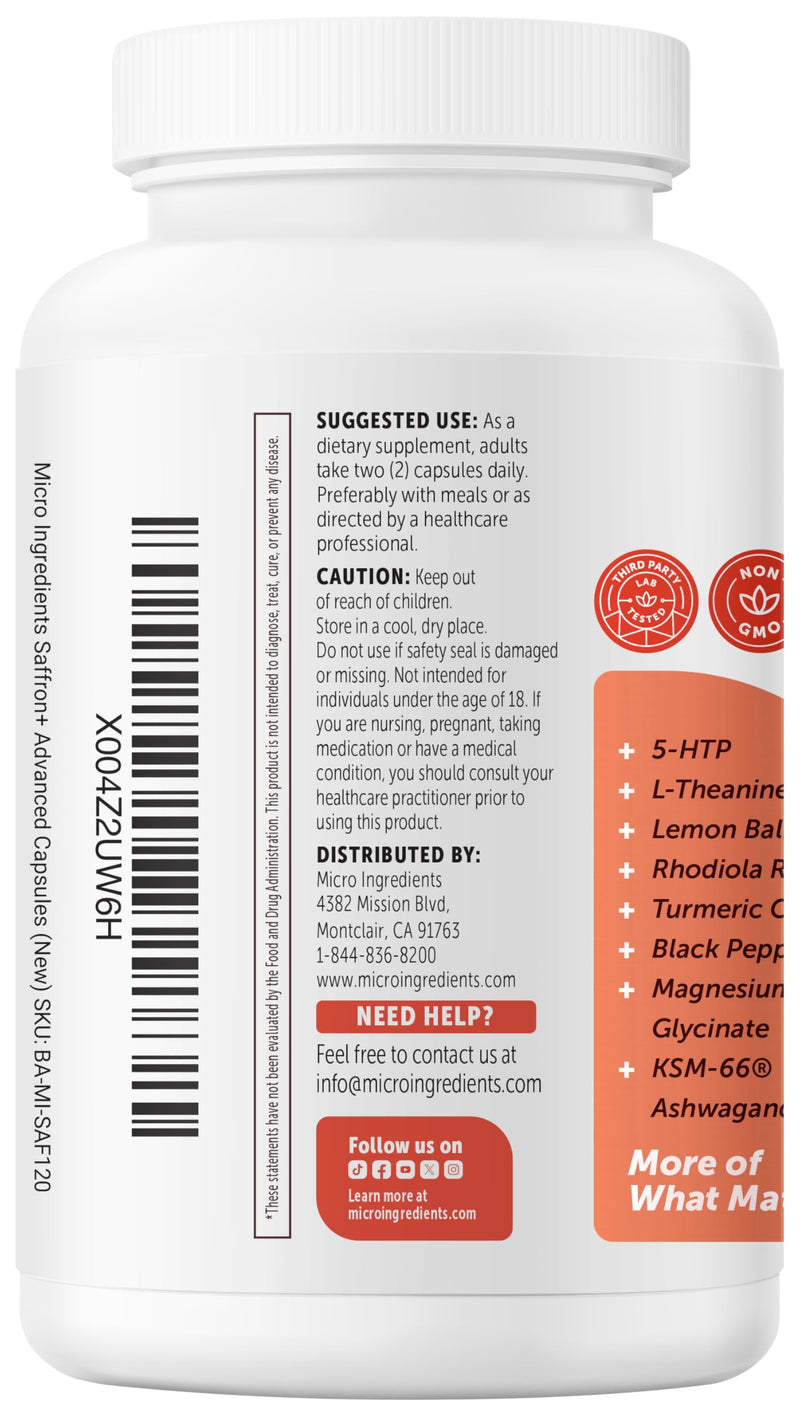 Micro Ingredients Saffron+ Advanced Supplements, 120 Veggie Capsules – 10-in-1 with Saffron Extract, High Absorption* Fat-Soluble Vitamin C, Magnesium, Turmeric & KSM-66 Ashwagandha – Filler Free