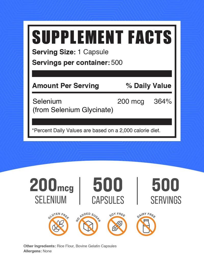 [Australia] - BulkSupplements.com Selenium Glycinate Capsules - Selenium Supplement, Selenium 200mcg Capsules - Essential Trace Mineral, Gluten Free, 1 Capsule per Serving, 500 Count (Pack of 1) 