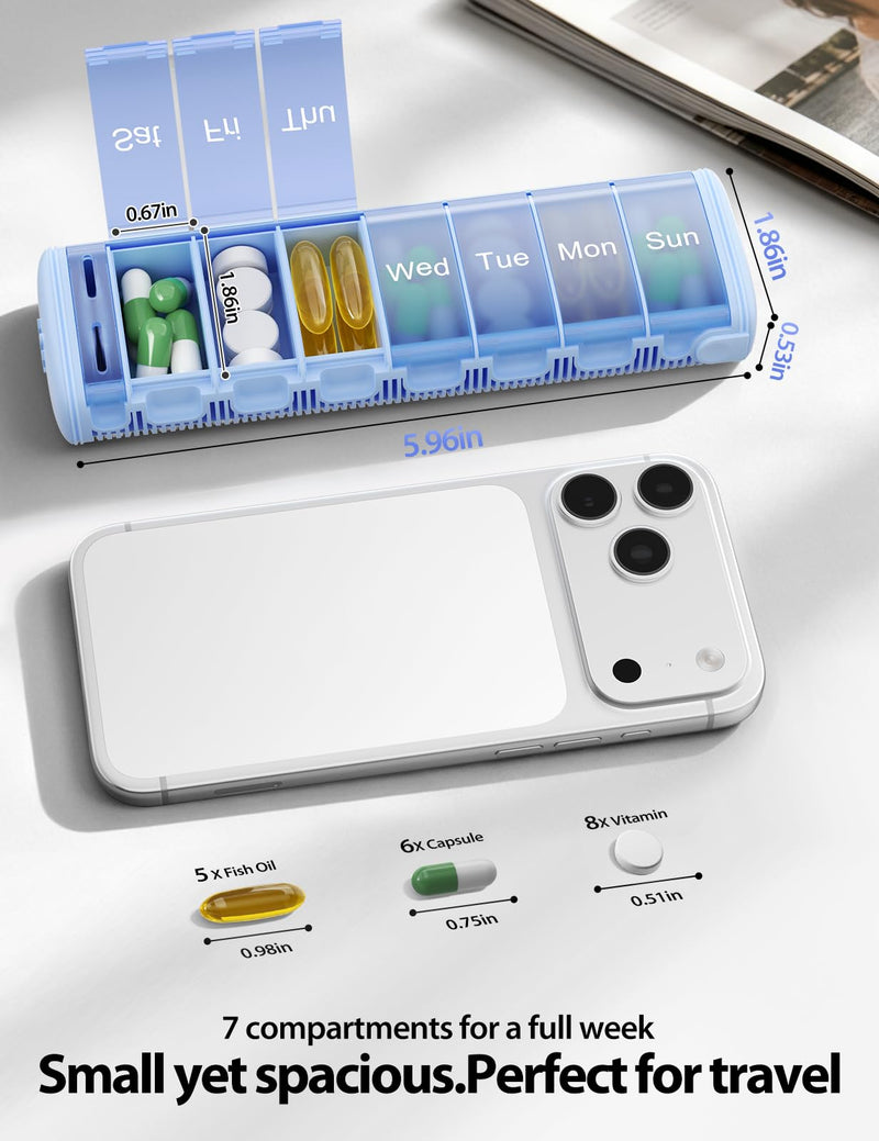 Vaydeer Metal Travel Pill Organizer – Compact Weekly Pill Box for Daily Medication – Portable Small Pill Case for Vitamins, Pills & Supplements (Rose Gold) Rose Gold