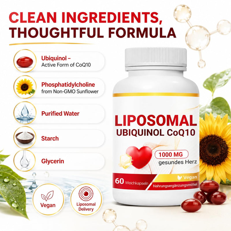 Liposomal Ubiquinol CoQ10 1000mg Complex - Active Coenzyme Q10 Supplement, High Absorption Vegan Softgels, 60 Count (1 Pack)