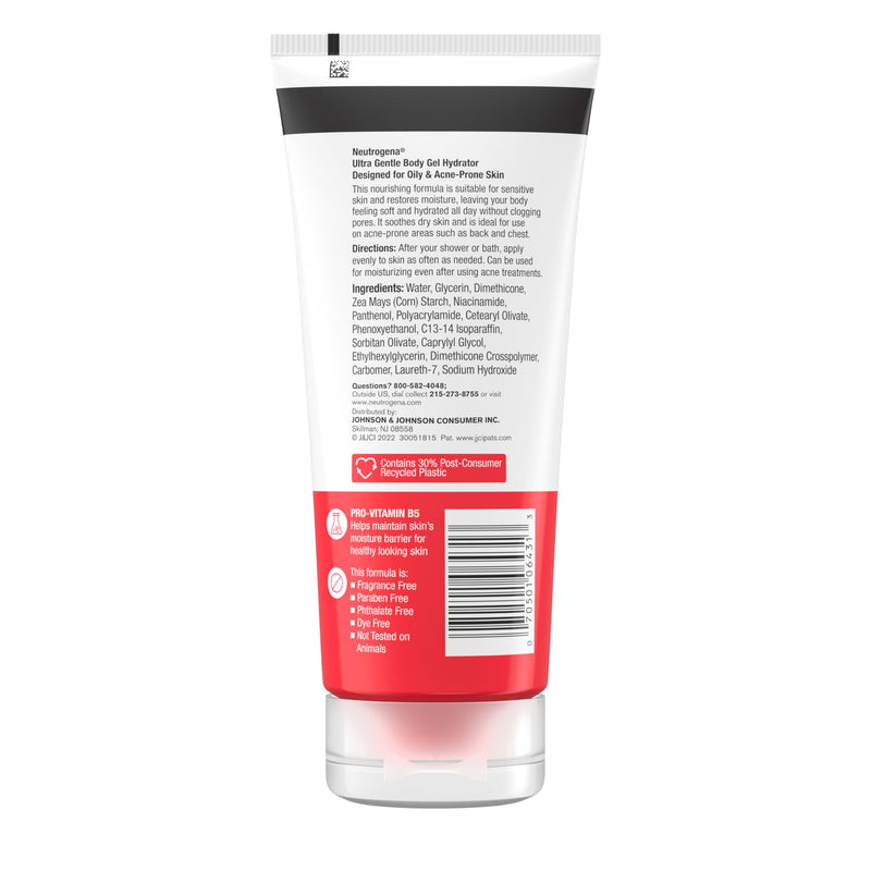 Neutrogena Ultra Gentle Body Gel Hydrator with Pro-Vitamin B5 & Niacinamide Designed for Acne-Prone & Oily Skin, Body Gel Cream Moisturizes Without Clogging Pores, Fragrance-Free, 7.0 oz 7 Ounce (Pack of 1)