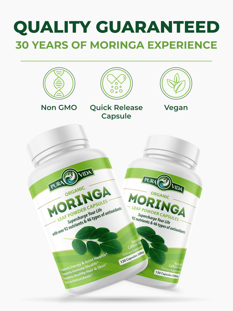 [Australia] - PURA VIDA MORINGA Capsules Single Origin Moringa Powder Organic. Pure Moringa Leaf. Energy, Metabolism, & Immune Support. 120ct. 500mg Caps. 120 Count (Pack of 1) 