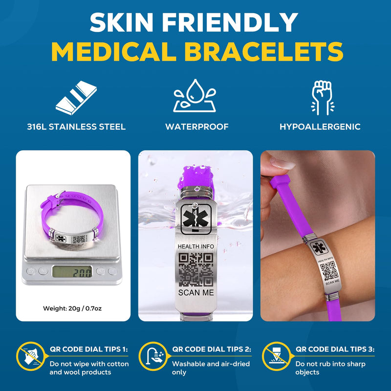 [Australia] - Medical Bracelets for Men Women with QR Code Medical Alert ID Bracelets Sport Boy Girl - Silicone Waterproof Wristband Fits Wrists Up to 9 inches - More Space Custom Emergency Medical ID Alert Information 9'' Folding Buckle+Adjustable dial - Purple 