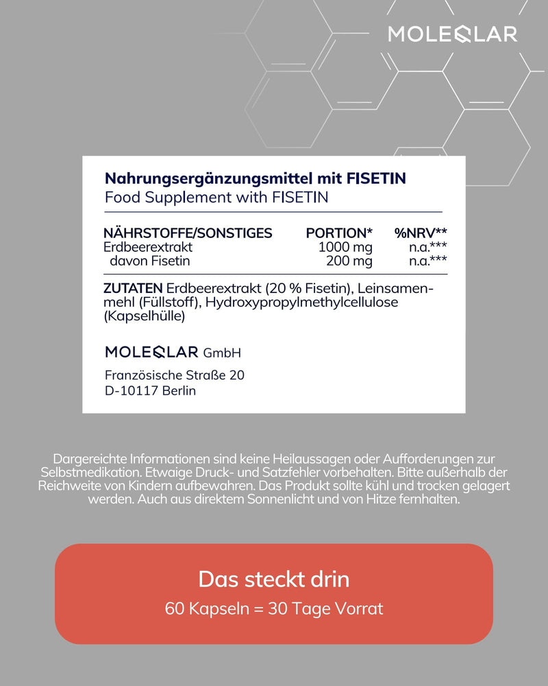 MoleQlar Fisetin 100 mg Capsules Pack of 60, Dietary Supplement with 200 mg Fisetin from Strawberry Extract per Serving, Capsule Form for Convenient Daily Use and Suitable for Easy Supplement Intake