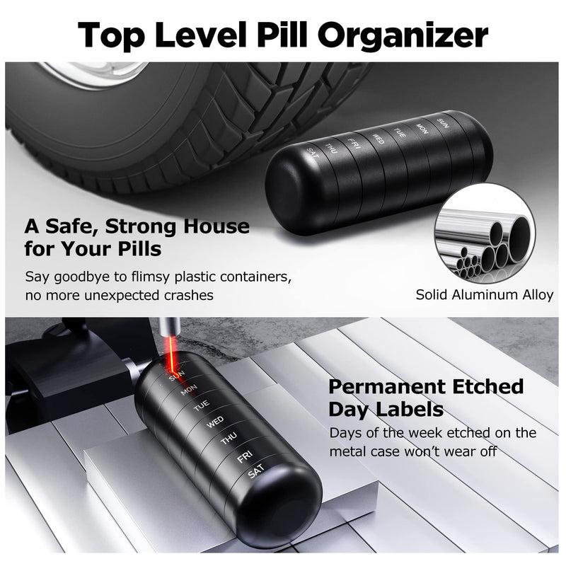Zannaki Weekly Pill Organizer 7 Day 2 Times a Day, Portable Metal Travel Waterproof AM PM Pill Box,Large Pill Case Container, BPA Free Daily Medicine Organizer Holder for Vitamin, Fish Oil, Supplement Black-xl(2 Times a Day)
