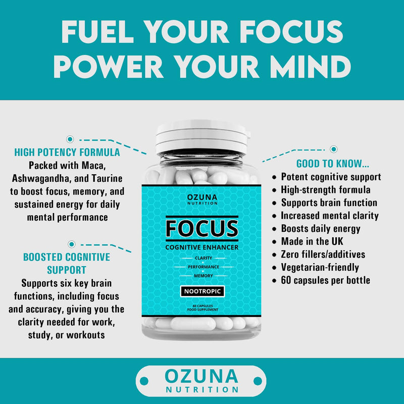 Focus Nootropic Supplement for Memory Brain Support – Natural Nootropic for Cognitive Support, Energy, Mental Clarity, and Concentration Boost – 60 Capsules
