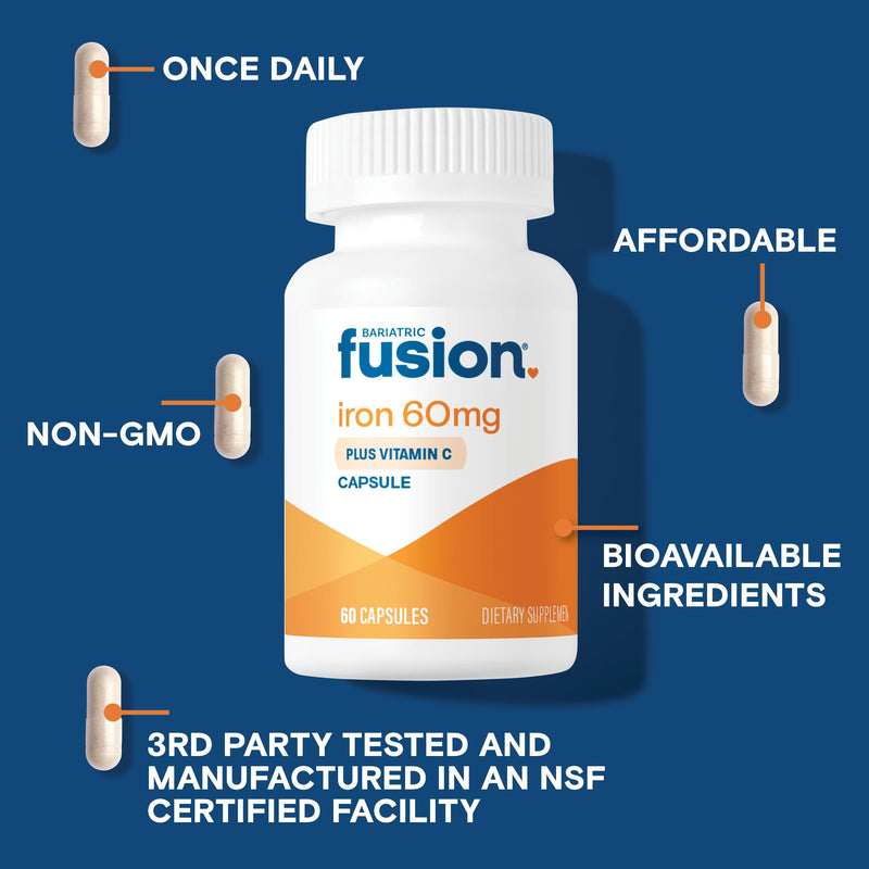 Bariatric Fusion Iron Supplement 60mg with Vitamin C | Easy to Swallow Capsule | Ferrous Fumarate Vitamins for Women and Men | Gluten, Dairy and Soy Free | Non-GMO | 60 Count Unflavored 60mg