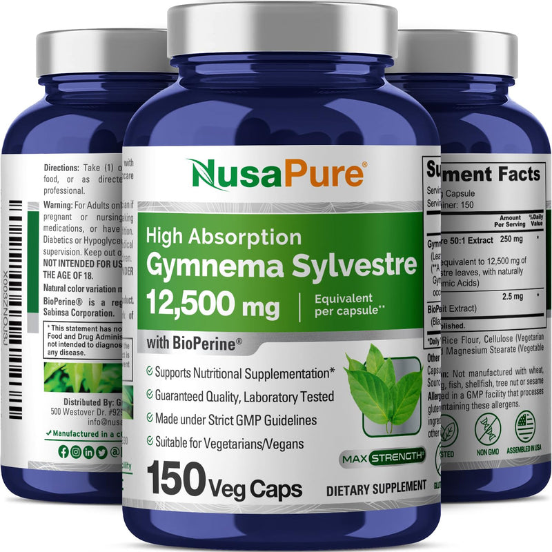 [Australia] - NusaPure Gymnema Sylvestre 12500 mg Per Vegan Caps - 150 Count - 50:1 Extract (Non-GMO, Vegan, Bioperine) 