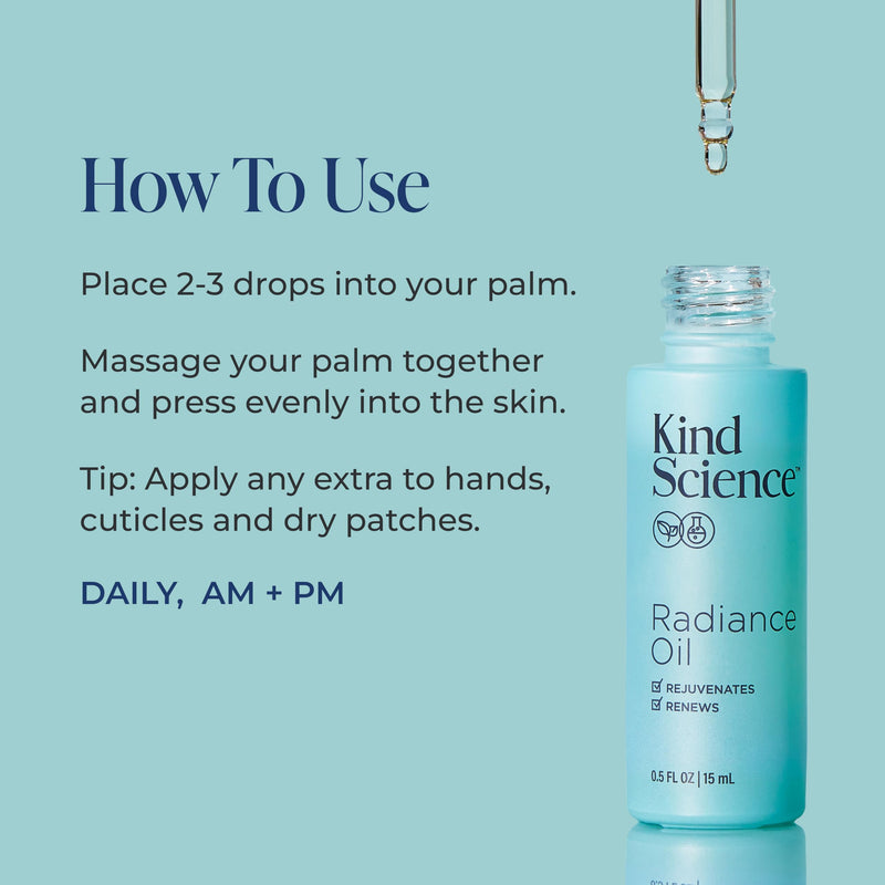 Kind Science Radiance Face Oil - Hydrating with Vitamin E, C & A, Bakuchiol, Jojoba & Moringa Oil - Anti Aging to Give Skin a Fresh, Dewy Look - Vegan, Paraben Free, Cruelty Free, 0.5 fl oz