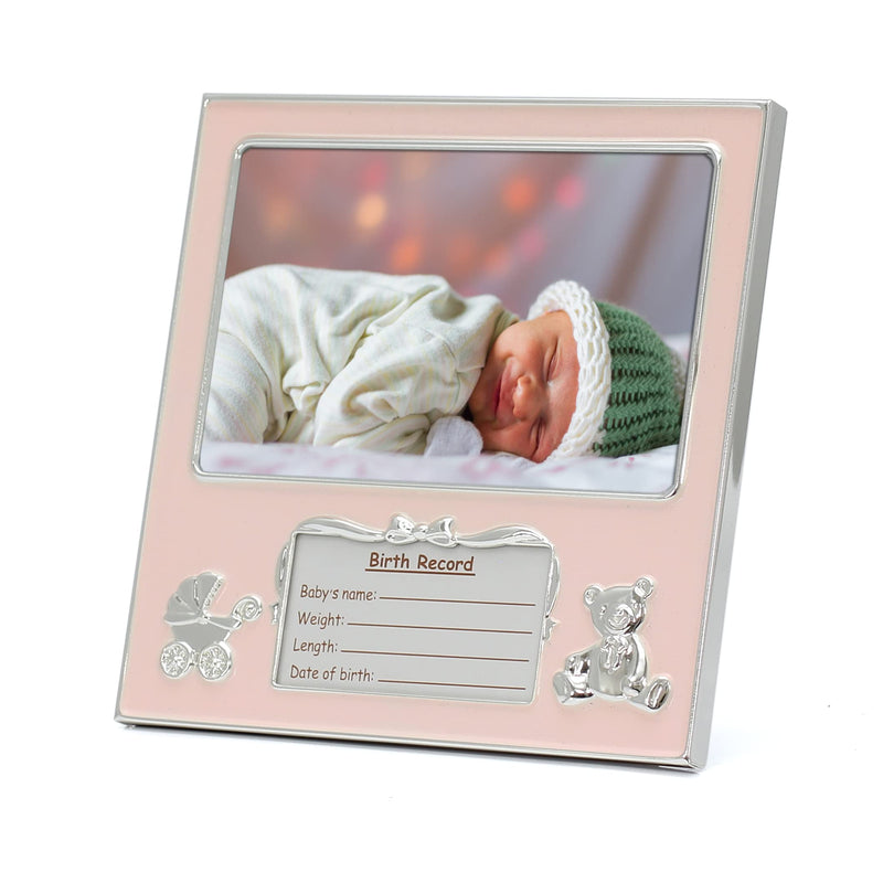[Australia] - MIMOSA MOMENTS Bear and Pram Silver-tone Metal Baby Girl Picture Frame with Birth Details Tag (4x6 horizontal, Silver-tone & Pink) 4x6" horizontal 